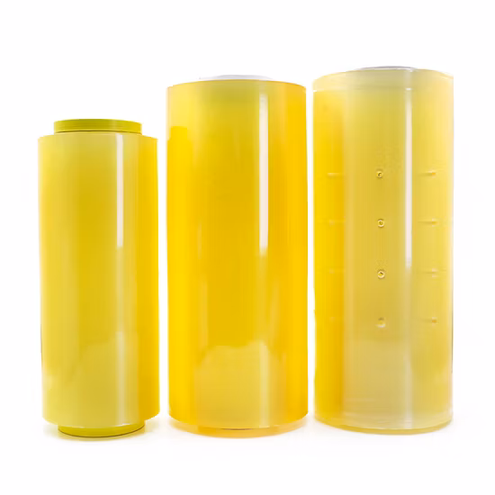 Película adhesiva para alimentos de PVC de grado alimenticio, alta elasticidad, transparente, transparente, impermeable, material de embalaje de plástico, película para envolver, película estirable, rollo gigante para envasado de alimentos
