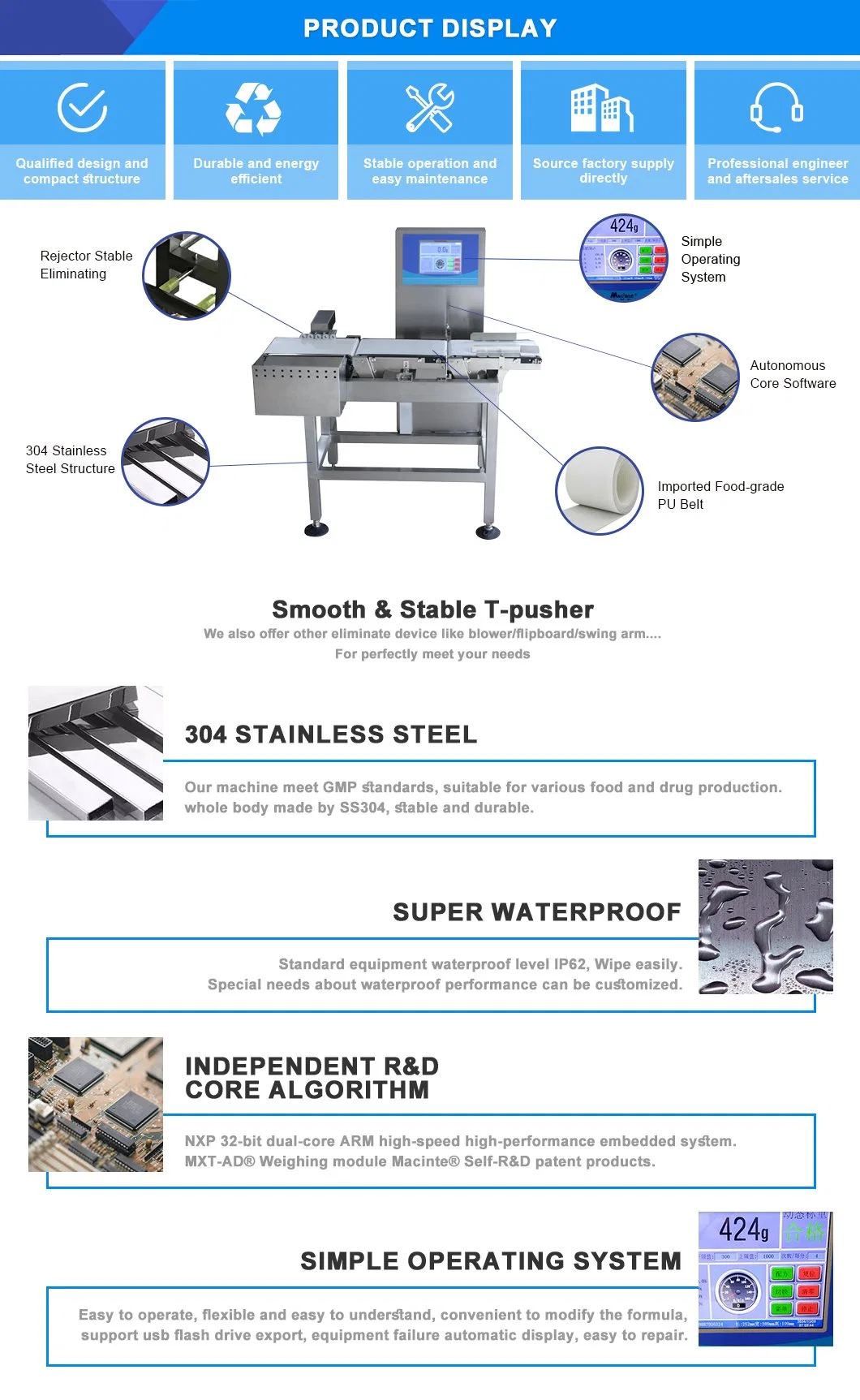 High Speed High Accuracy Macinte Food Grade Conveyor Machine Checkweigher